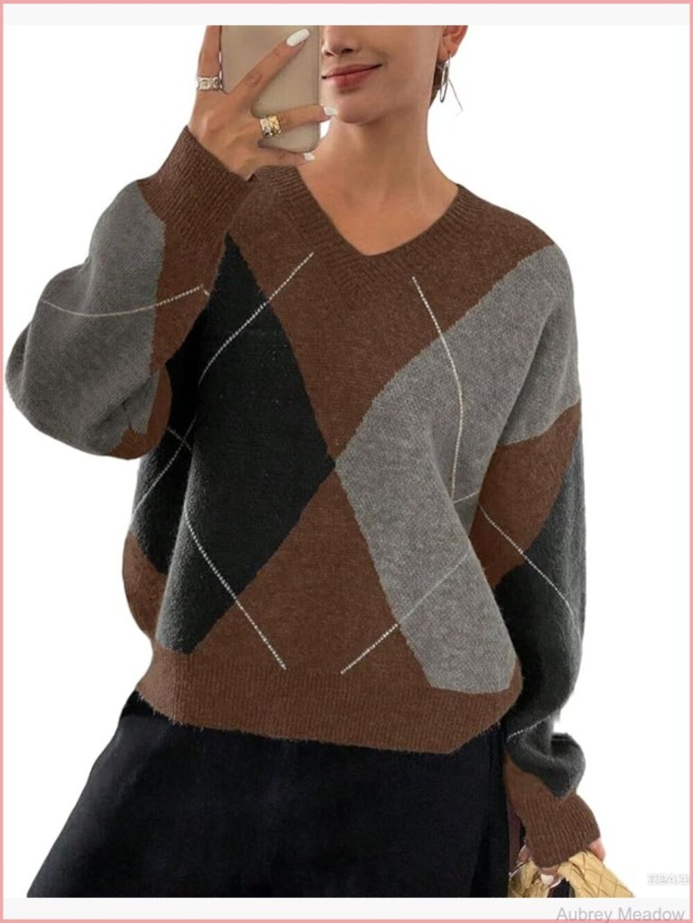 V-Neck Argyle Sweater Pullover Oversized Chunky Knit Casual Top